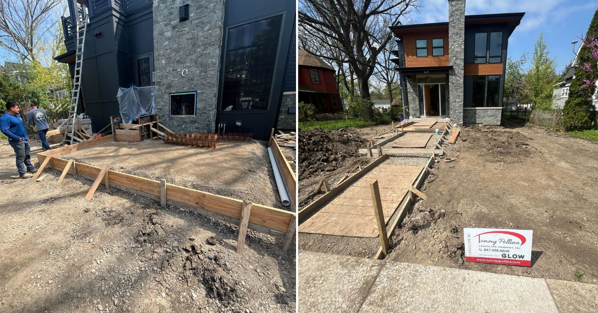 Park Ridge, IL landscape project featuring new plantings, concrete patios and walkways, porcelain tile, stonework, drainage, landscape lighting, and custom ornamental steel fencing.