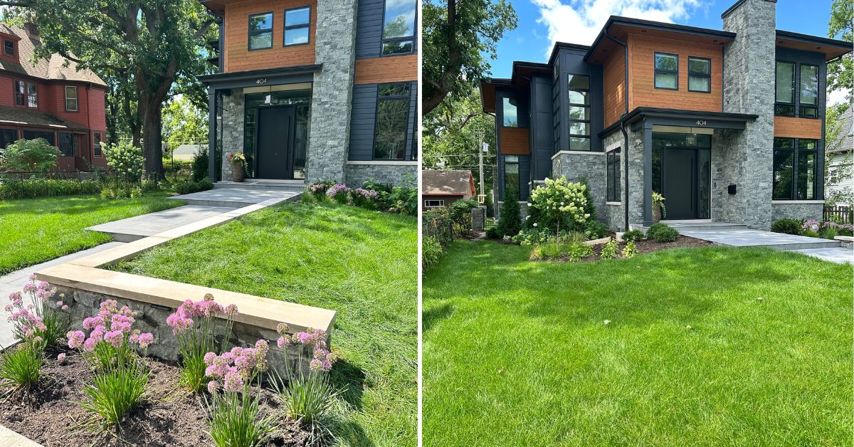 Park Ridge, IL landscape project featuring new plantings, concrete patios and walkways, porcelain tile, stonework, drainage, landscape lighting, and custom ornamental steel fencing.