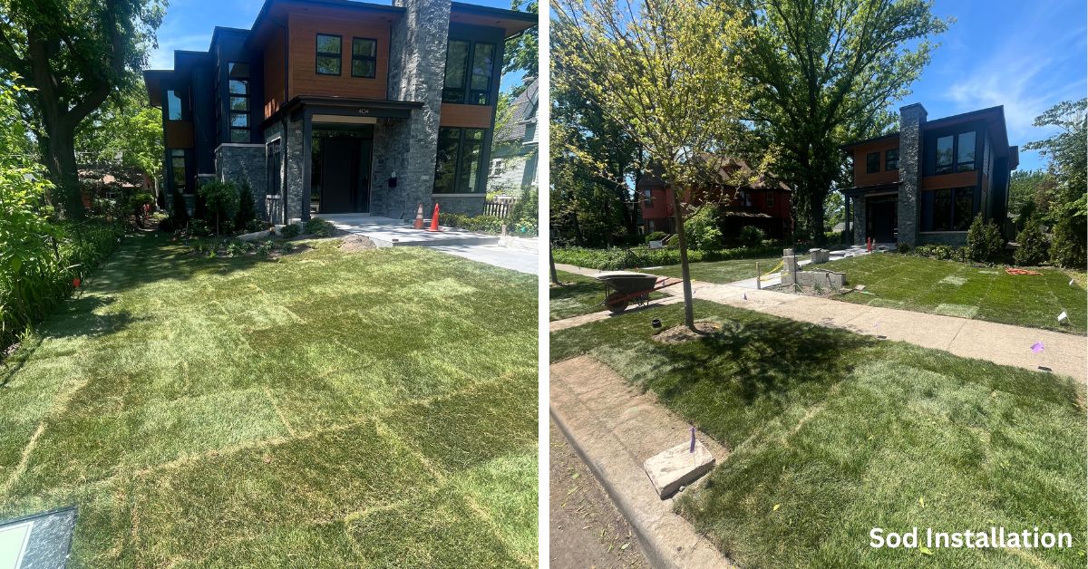 Park Ridge, IL landscape project featuring new plantings, concrete patios and walkways, porcelain tile, stonework, drainage, landscape lighting, and custom ornamental steel fencing.
