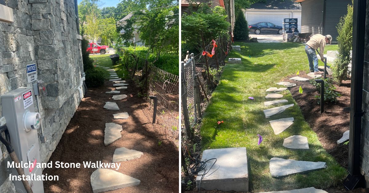 Park Ridge, IL landscape project featuring new plantings, concrete patios and walkways, porcelain tile, stonework, drainage, landscape lighting, and custom ornamental steel fencing.