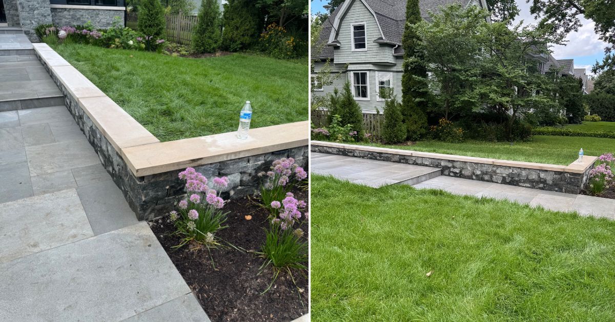Park Ridge, IL landscape project featuring new plantings, concrete patios and walkways, porcelain tile, stonework, drainage, landscape lighting, and custom ornamental steel fencing.