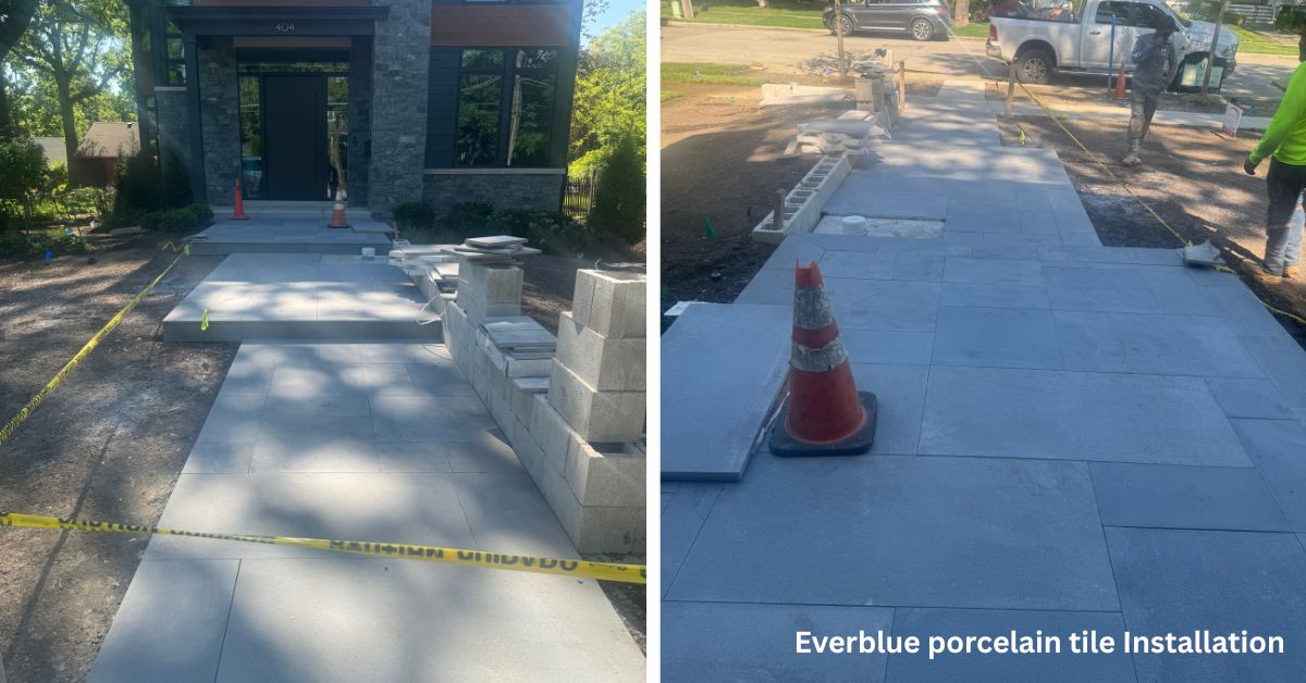 Park Ridge, IL landscape project featuring new plantings, concrete patios and walkways, porcelain tile, stonework, drainage, landscape lighting, and custom ornamental steel fencing.