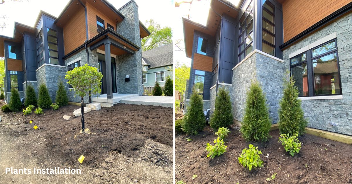 Park Ridge, IL landscape project featuring new plantings, concrete patios and walkways, porcelain tile, stonework, drainage, landscape lighting, and custom ornamental steel fencing.
