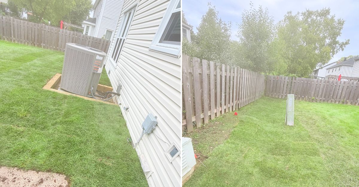Existing lawn removed around backyard patio before grading and drainage improvements at a Winnetka, IL home