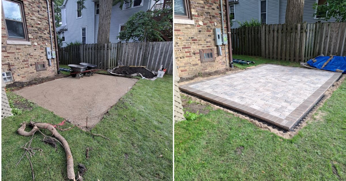 Custom Unilock Brussels Block patio installation in Northbrook, IL with a Hollandstone border, polymeric joint sand, and natural bluestone stepping stones.