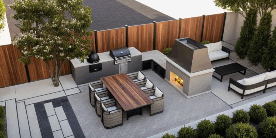 Glenview backyard design featuring custom outdoor fireplace, grill island, Unilock patio, privacy hedge, and wood fence.