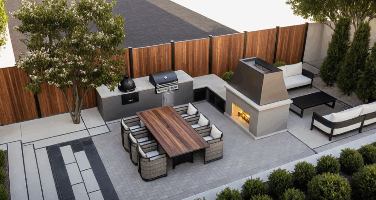 Glenview backyard design featuring custom outdoor fireplace, grill island, Unilock patio, privacy hedge, and wood fence.