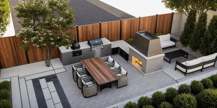 ultimate-outdoor-living-space-fireplace-grill-unilock-patio-fence-arborvitae