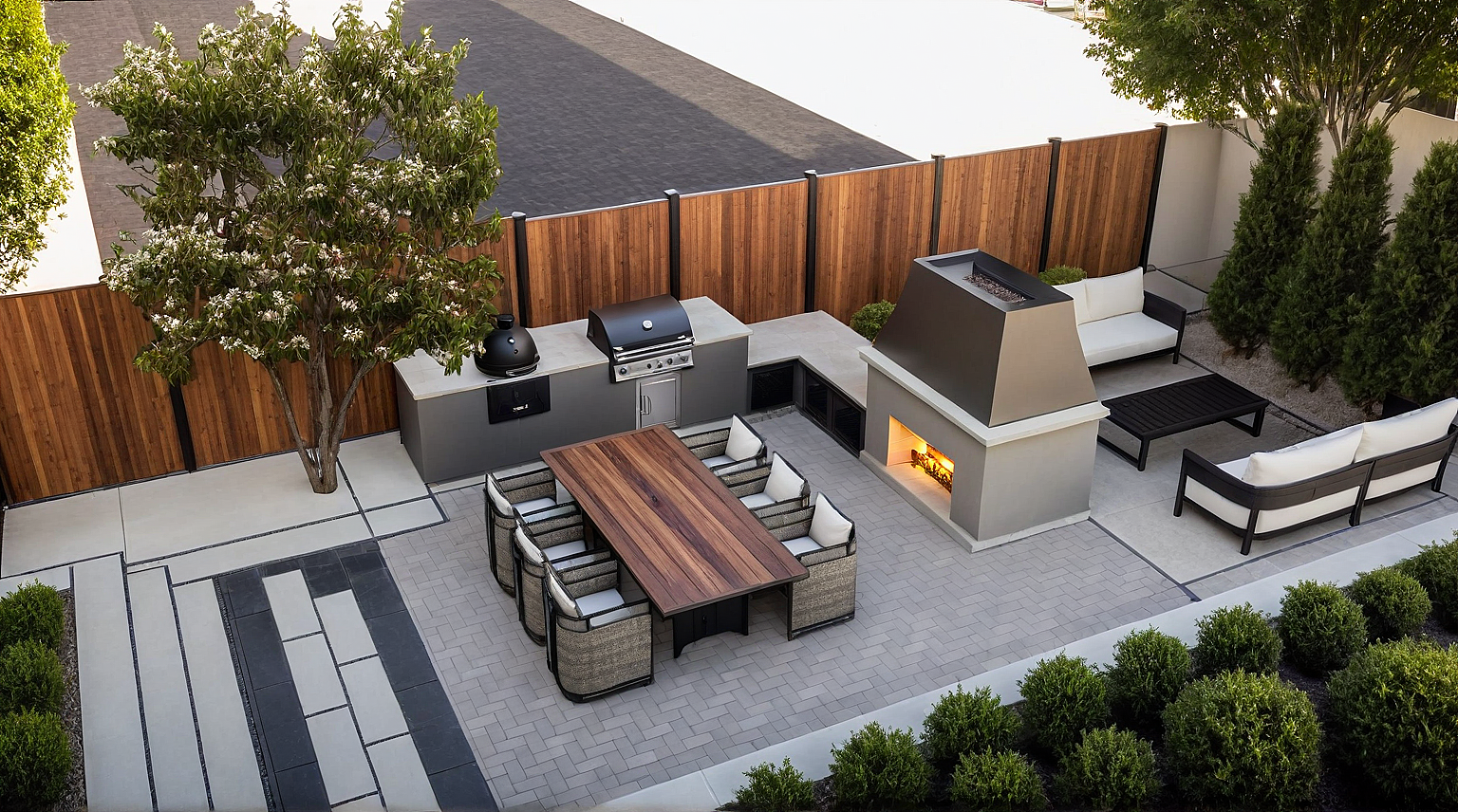 Modern outdoor kitchen with dining area and cozy built-in fire features creating warmth and stylish ambiance.