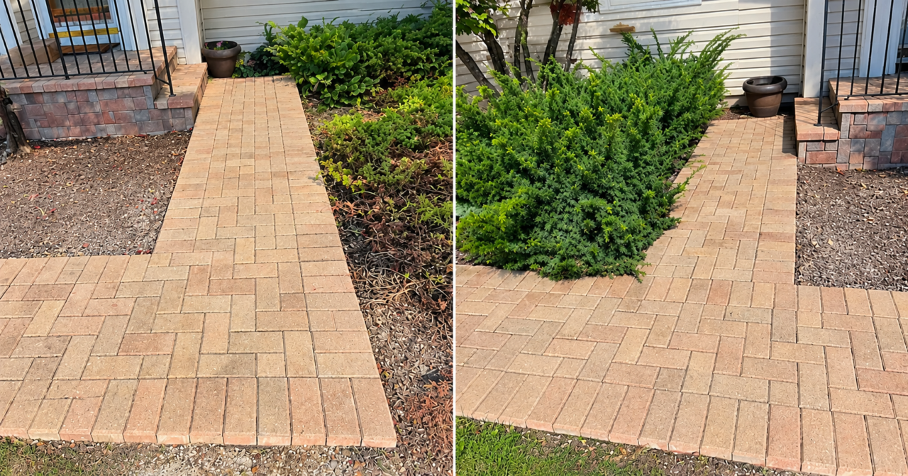 Existing brick pavers being removed from the front entrance walkway for base adjustment and restoration in Riverwoods, IL.