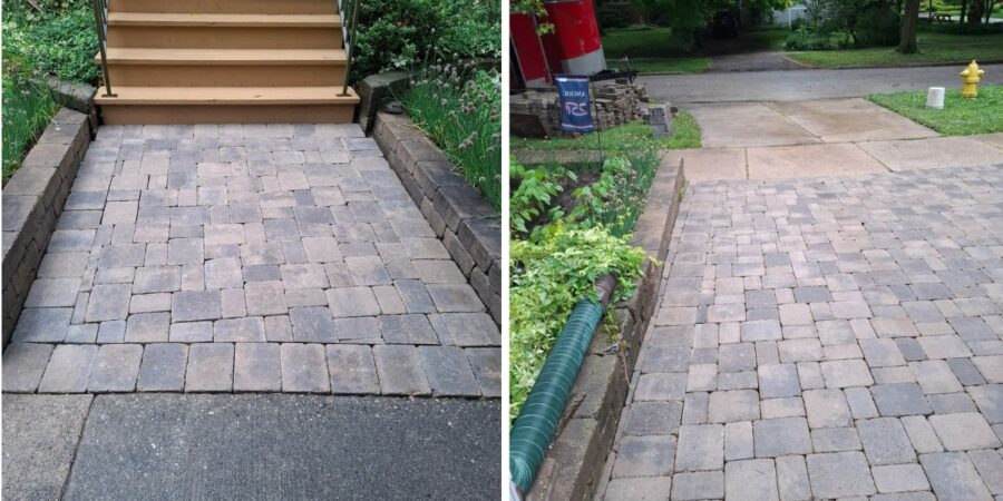 Paver driveway and walkway replacement project in Glencoe, IL with Unilock Brussels Block pavers, base reconstruction, and patio restoration.