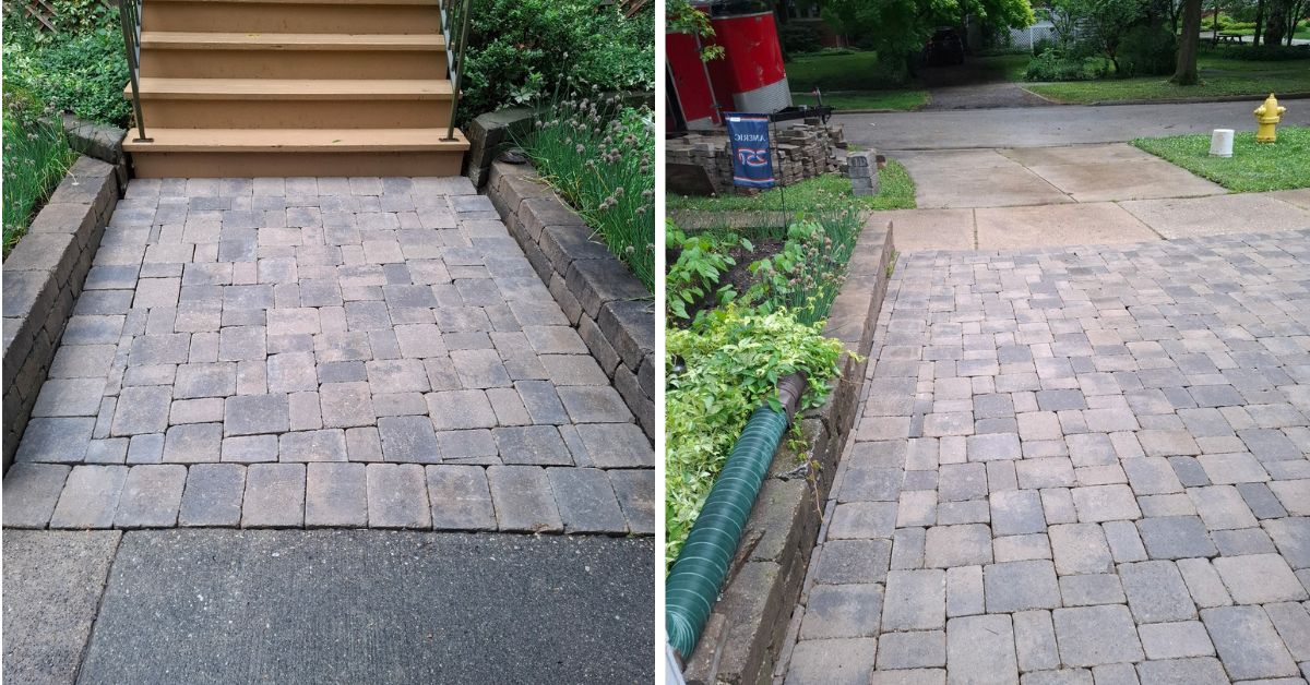 Paver driveway and walkway replacement project in Glencoe, IL with Unilock Brussels Block pavers, base reconstruction, and patio restoration.