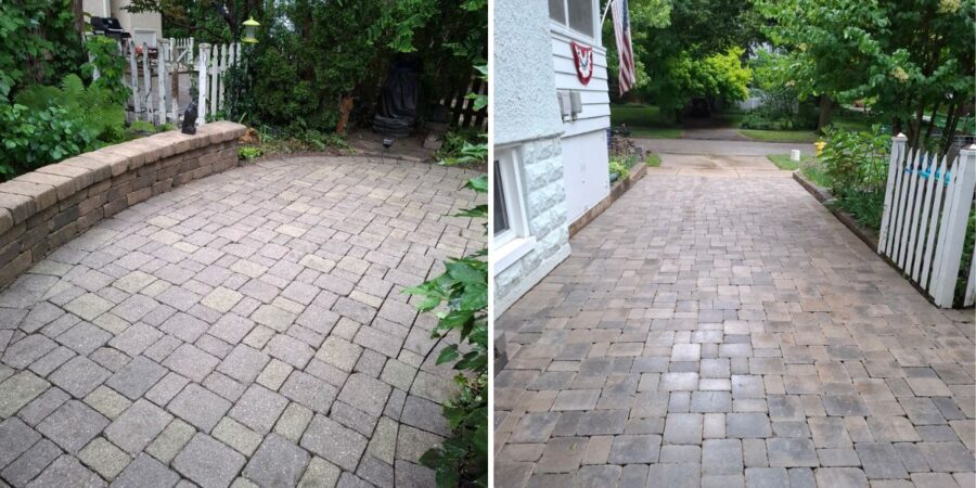 Paver driveway and walkway replacement project in Glencoe, IL with Unilock Brussels Block pavers, base reconstruction, and patio restoration.