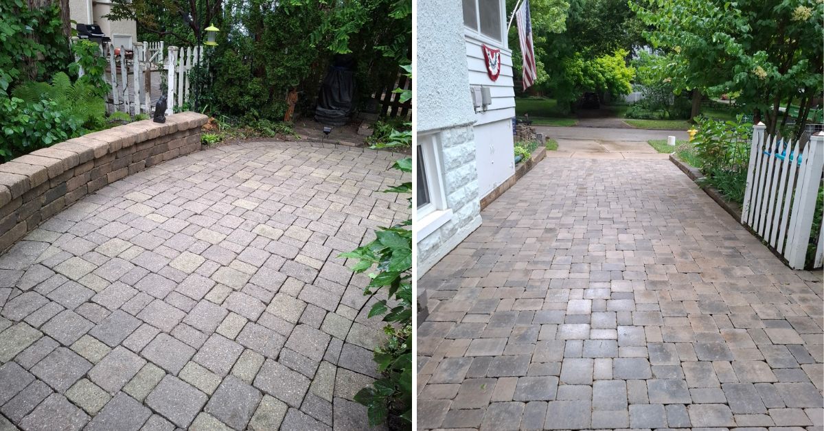 Paver driveway and walkway replacement project in Glencoe, IL with Unilock Brussels Block pavers, base reconstruction, and patio restoration.