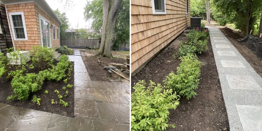 Landscape renovation project in Inverness, IL with bluestone pathways, lawn restoration, shrubs, perennials, and multiple entrance improvements.