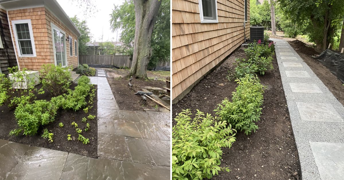 Landscape renovation project in Inverness, IL with bluestone pathways, lawn restoration, shrubs, perennials, and multiple entrance improvements.
