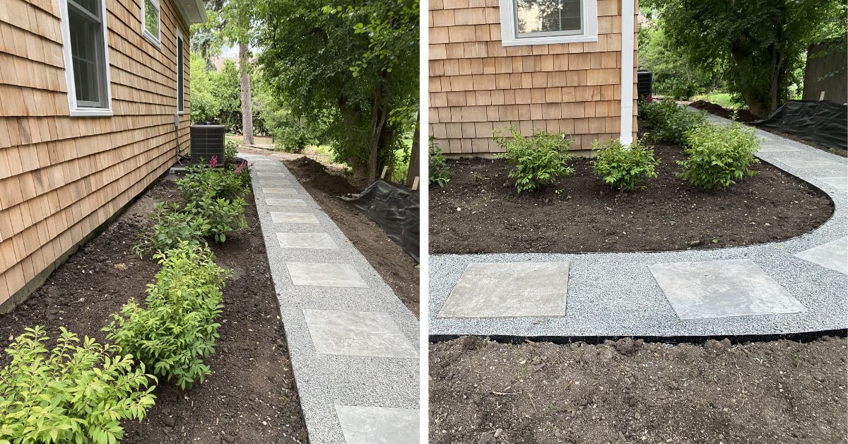 Landscape renovation project in Inverness, IL with bluestone pathways, lawn restoration, shrubs, perennials, and multiple entrance improvements.