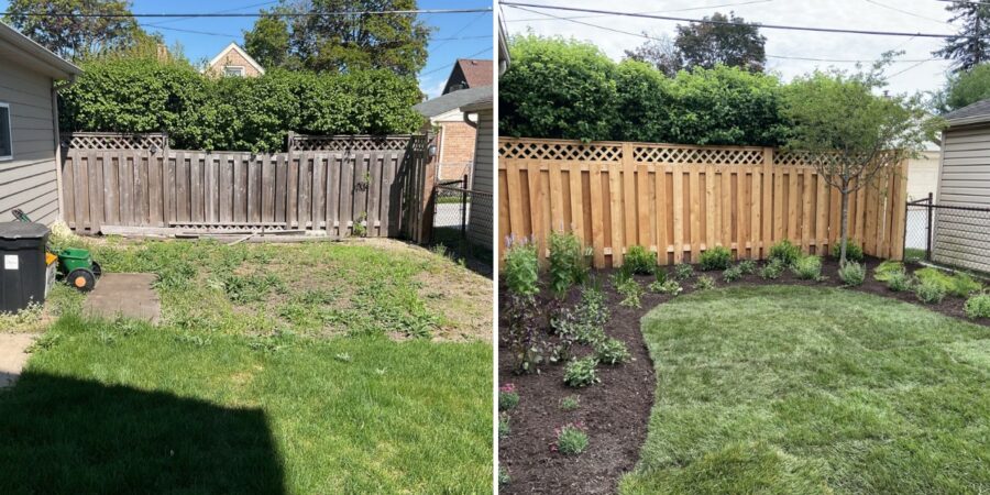 Before and after Niles landscape upgrade with Dogwood, Clethra, Magnolia, Hydrangeas, mulch, compost, and lighting