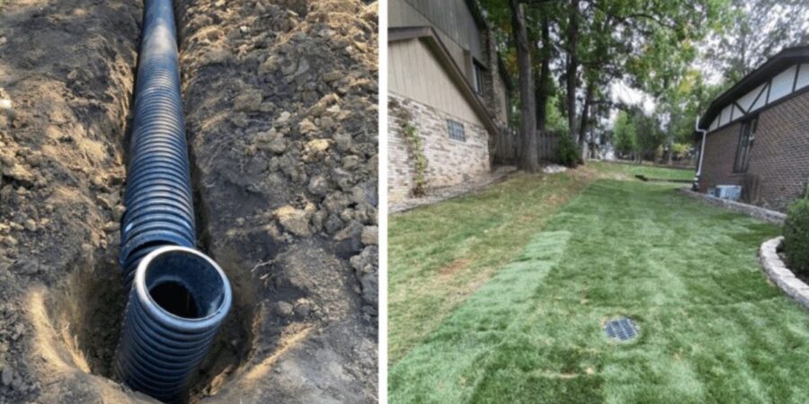 Willowbrook drainage project with regrading, new swale, sod and timber stabilization to stop flooding in this low-lying yard.