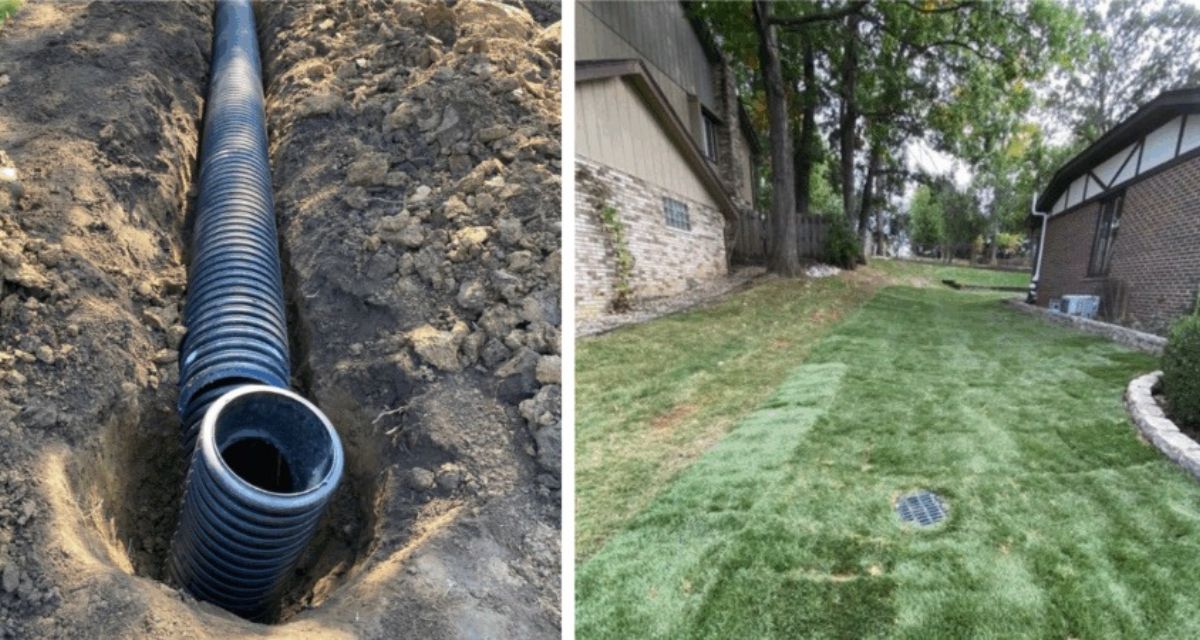 Willowbrook drainage project with regrading, new swale, sod and timber stabilization to stop flooding in this low-lying yard.