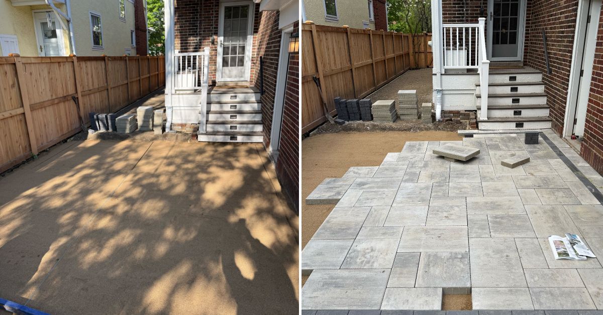 Evanston backyard renovation in progress featuring a Unilock patio installation, artificial turf prep, cedar fence construction, landscape lighting, and drainage system work by Tommy Pollina Landscape Co. Inc