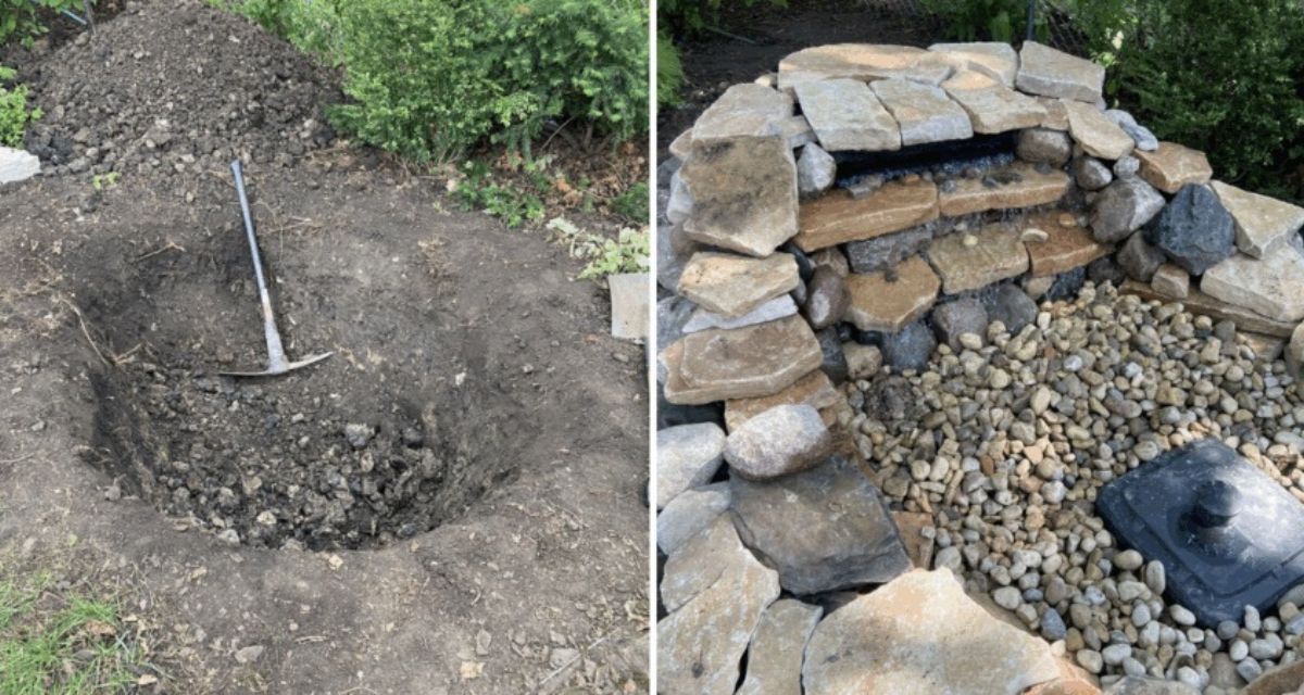 Pondless waterfall installation Park Ridge, Unilock outcropping stone