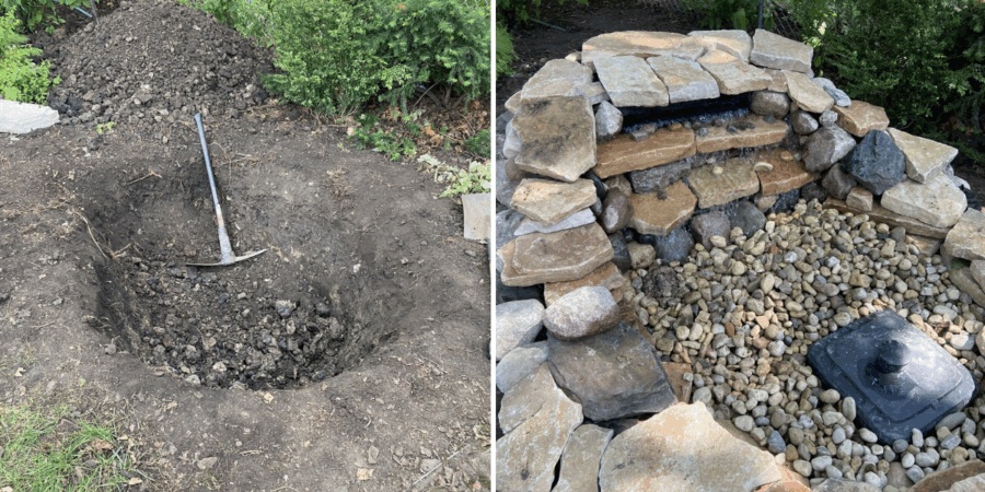 Park Ridge pondless waterfall installation with unilock stone