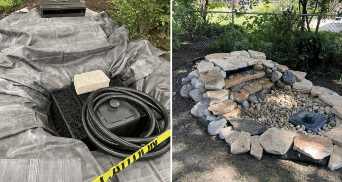 Pondless waterfall installation Park Ridge, Unilock outcropping stone