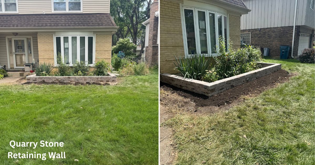 Installation of an approximately 35-foot-long quarry stone retaining wall, approximately one foot tall, along the front of the house to provide a defined landscape edge and improve the appearance of the front yard.
