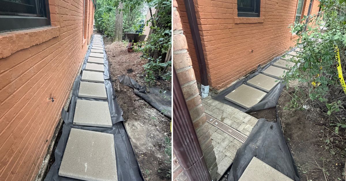 Rear entry drainage and walkway improvement project in Evanston, IL featuring a brick paver landing, channel drain, underground PVC drainage, large concrete steppers, pea gravel, and steel edging.