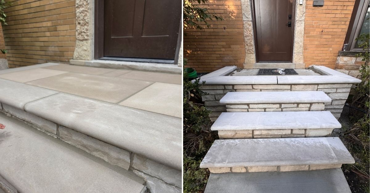 Front and side entrance renovation in Lake Bluff, IL featuring reinforced concrete stairs, new concrete walkways, Lannon stone veneer, Indiana limestone treads, and limestone landing pavers.