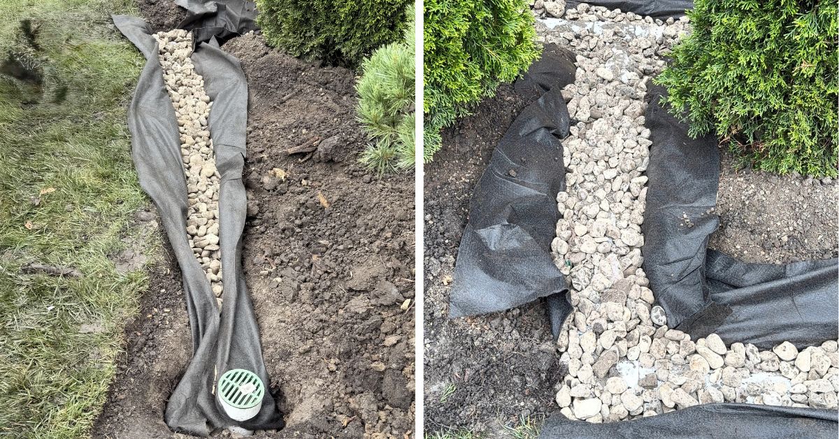 Residential drainage project in Winnetka, IL showing underground drainage piping, yard regrading, and foundation water management improvements.