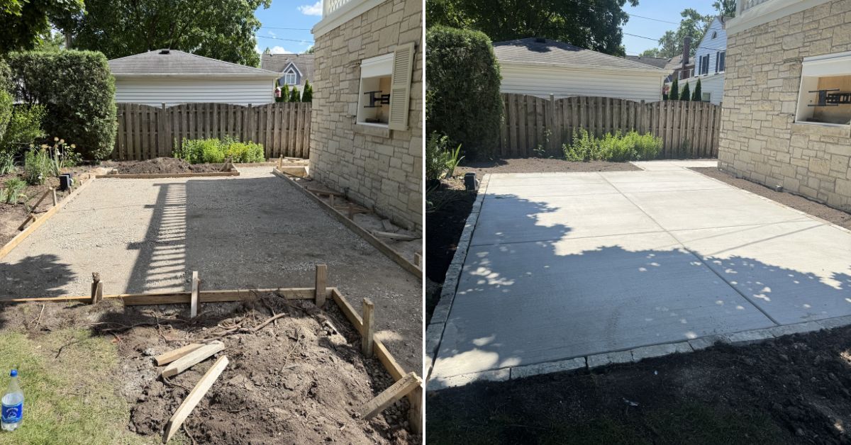 Concrete hardscape renovation in Inverness, IL with new driveway, patio, walkways, retaining wall, and landscape installation.