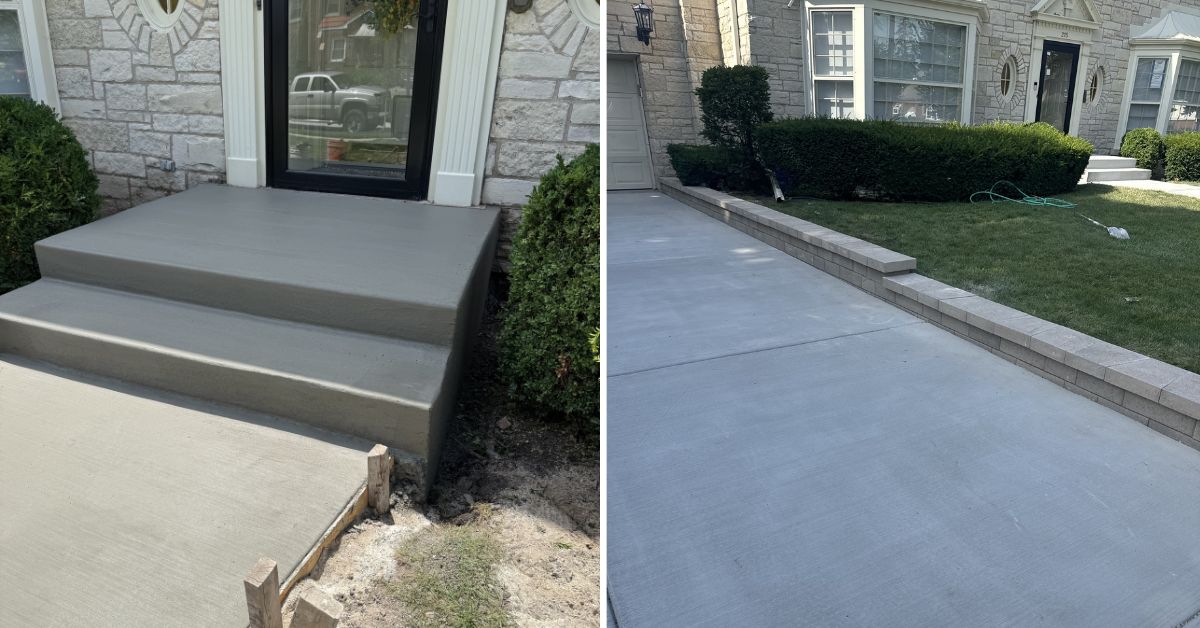 Concrete hardscape renovation in Inverness, IL with new driveway, patio, walkways, retaining wall, and landscape installation.