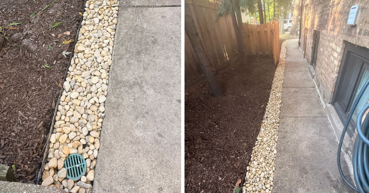 Brick retaining wall repair in an Evanston backyard, preserving the original wall layout near mature mulberry trees.