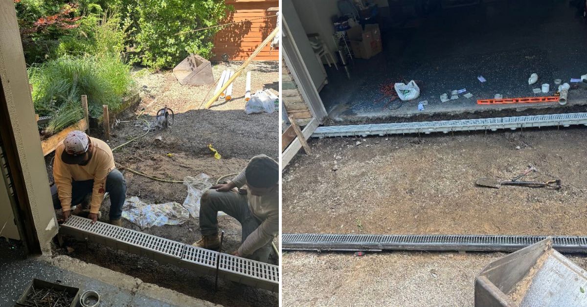 Riverwoods NDS drainage upgrade with new driveway, channel drains and rebuilt lines preventing garage and yard floods.