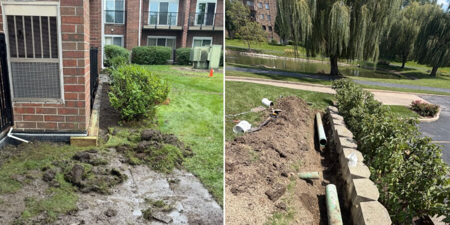 Five existing downspouts connected to a coordinated underground drainage system along the north side of a residential building in Long Grove