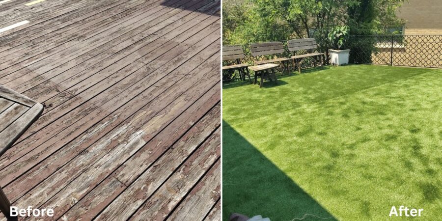 Rooftop deck renovation in Des Plaines, IL with artificial turf installation and Valentine's Crush Hibiscus planters.
