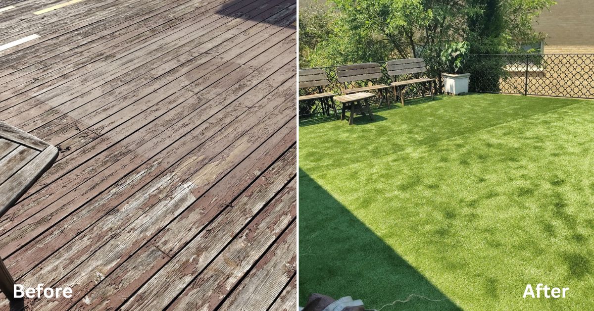 Rooftop deck renovation in Des Plaines, IL with artificial turf installation and Valentine's Crush Hibiscus planters.