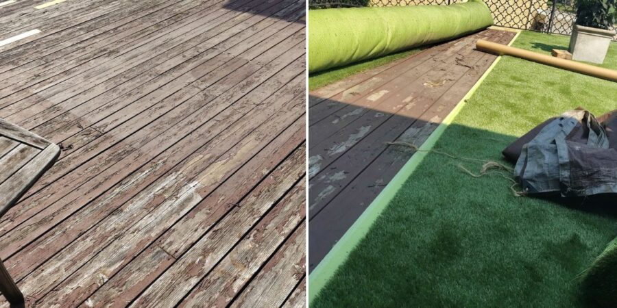 Rooftop deck renovation in Des Plaines, IL with artificial turf installation and Valentine's Crush Hibiscus planters.