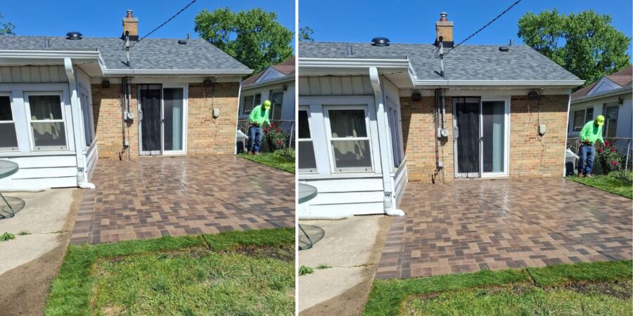 Newly expanded Unilock Hollandstone patio with compacted stone base and drainage improvements in Schaumburg