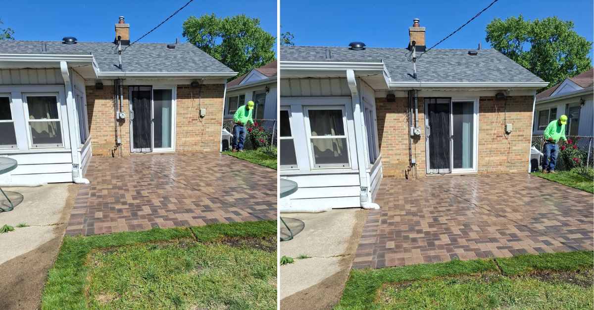 Newly expanded Unilock Hollandstone patio with compacted stone base and drainage improvements in Schaumburg