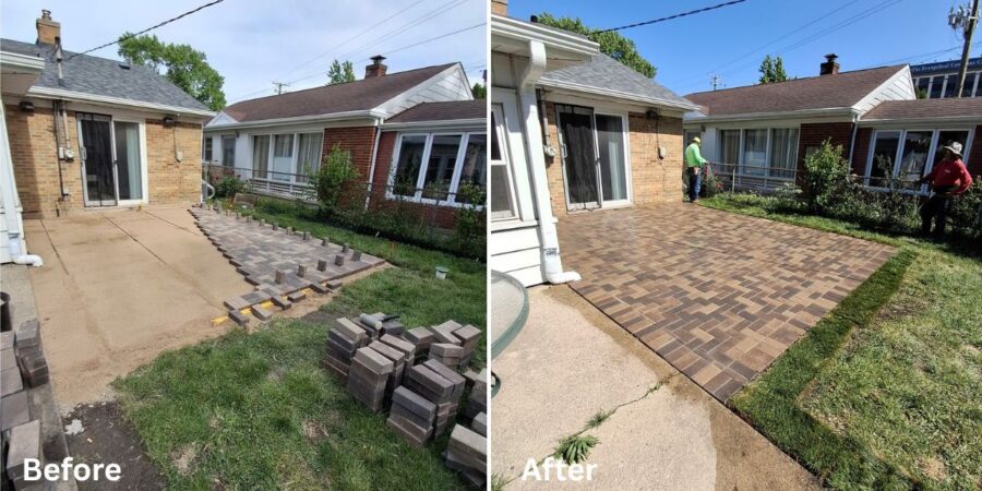 Newly expanded Unilock Hollandstone patio with compacted stone base and drainage improvements in Schaumburg