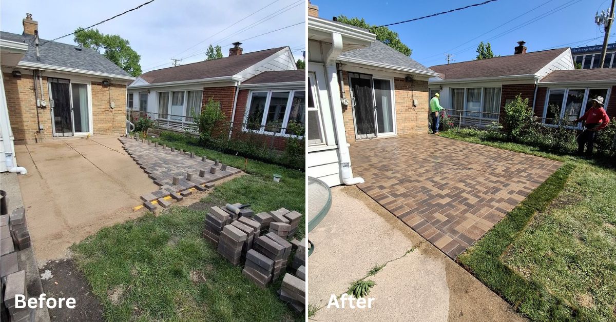 Newly expanded Unilock Hollandstone patio with compacted stone base and drainage improvements in Schaumburg