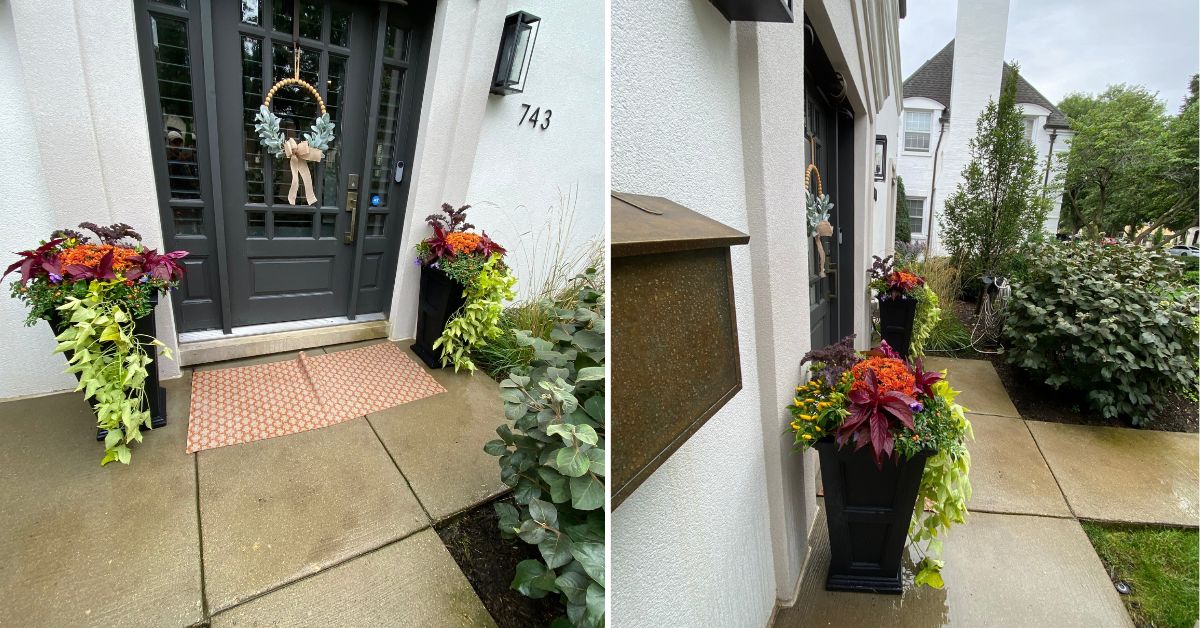 Two front-door planters being prepared for a new seasonal planting design at a Chicago, IL residence.