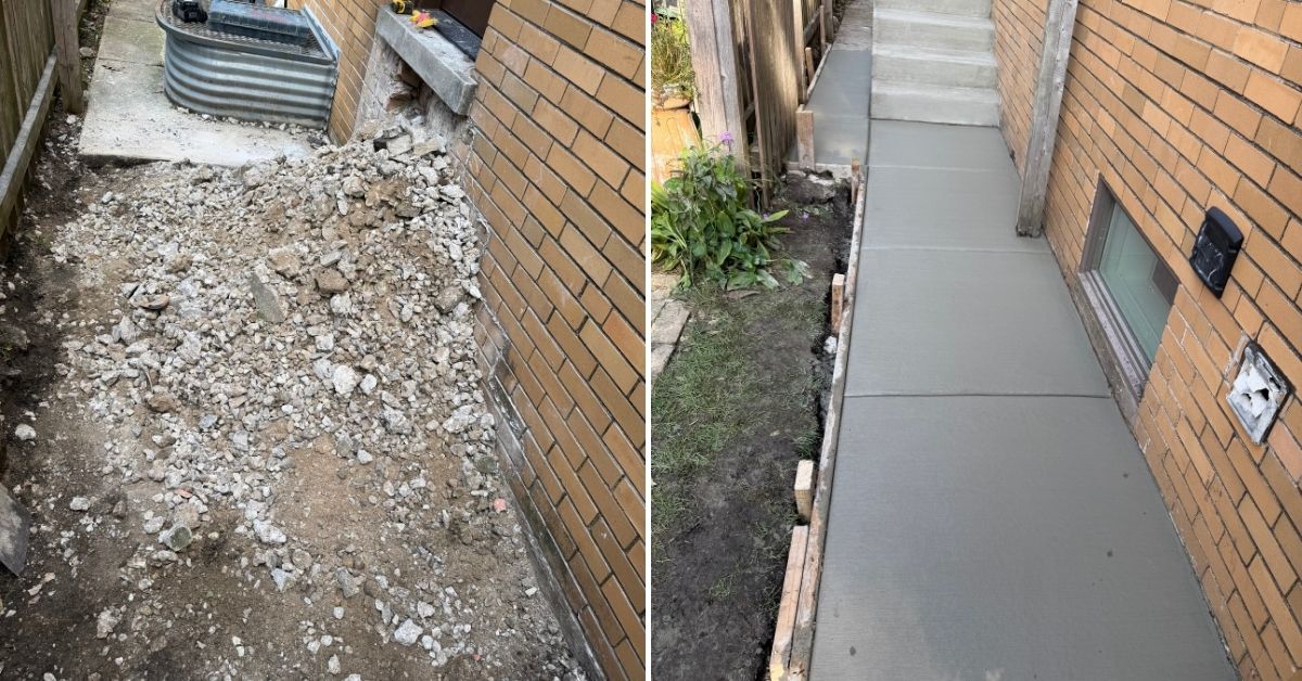 Front and side entrance renovation in Lake Bluff, IL featuring reinforced concrete stairs, new concrete walkways, Lannon stone veneer, Indiana limestone treads, and limestone landing pavers.