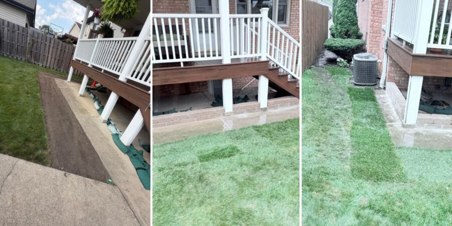 Drainage and retaining wall project in Prospect Heights, IL with French drains, PVC piping, sump pump drainage, and Sandstone Brussels pavers.