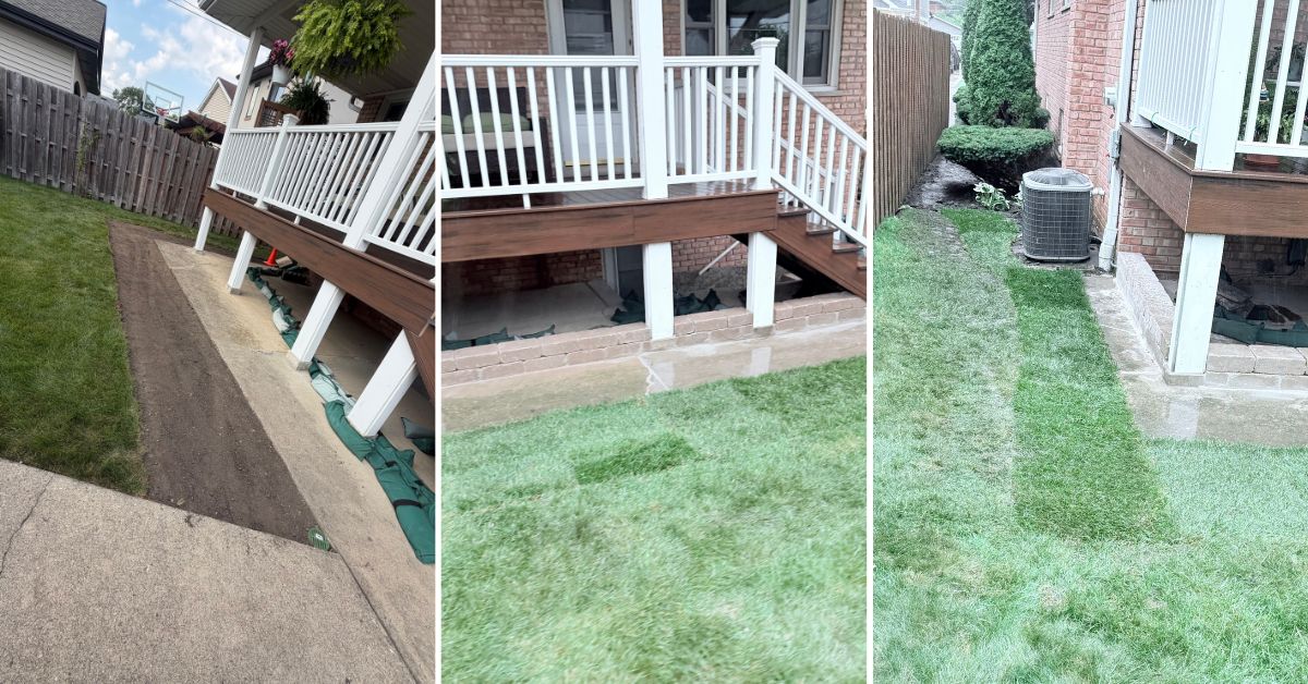 Drainage and retaining wall project in Prospect Heights, IL with French drains, PVC piping, sump pump drainage, and Sandstone Brussels pavers.
