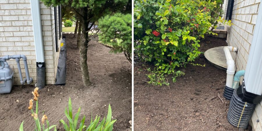 Residential grading project in Winnetka, IL showing soil installation, lawn regrading, and foundation drainage improvements to prevent water accumulation near the home.