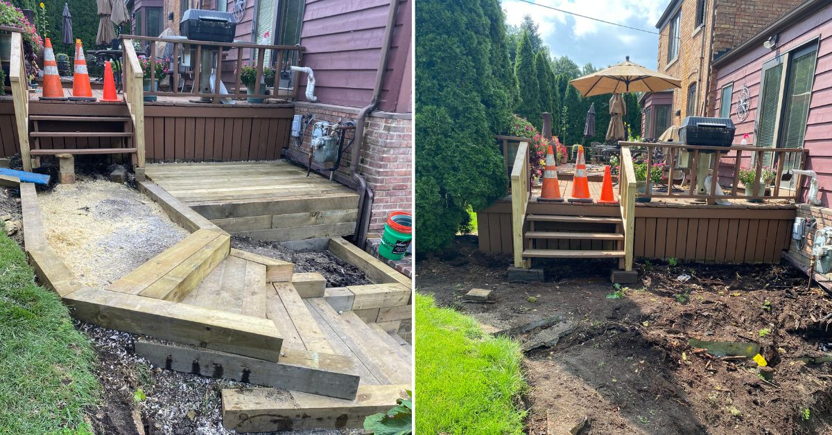 Existing railroad tie retaining wall being removed from the backyard of a residential property in Glenview, IL.